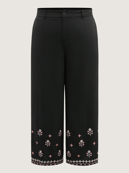 Floral Embroidered Hem Wide-Leg Pants