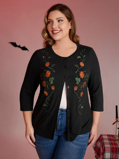 Floral Embroidery Stretch Knit Button Top