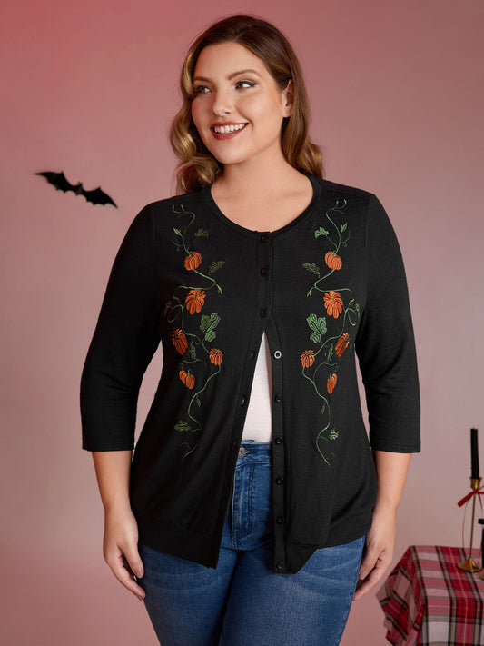 Floral Embroidery Stretch Knit Button Top