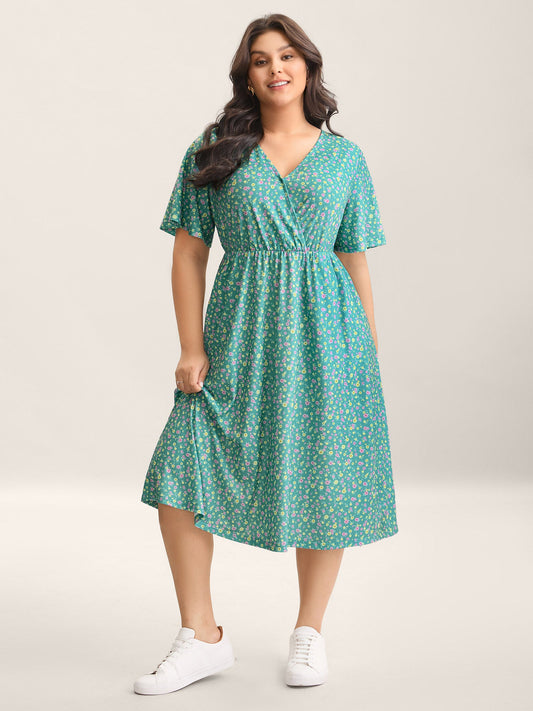 Floral Print Surplice Neck Midi Dress