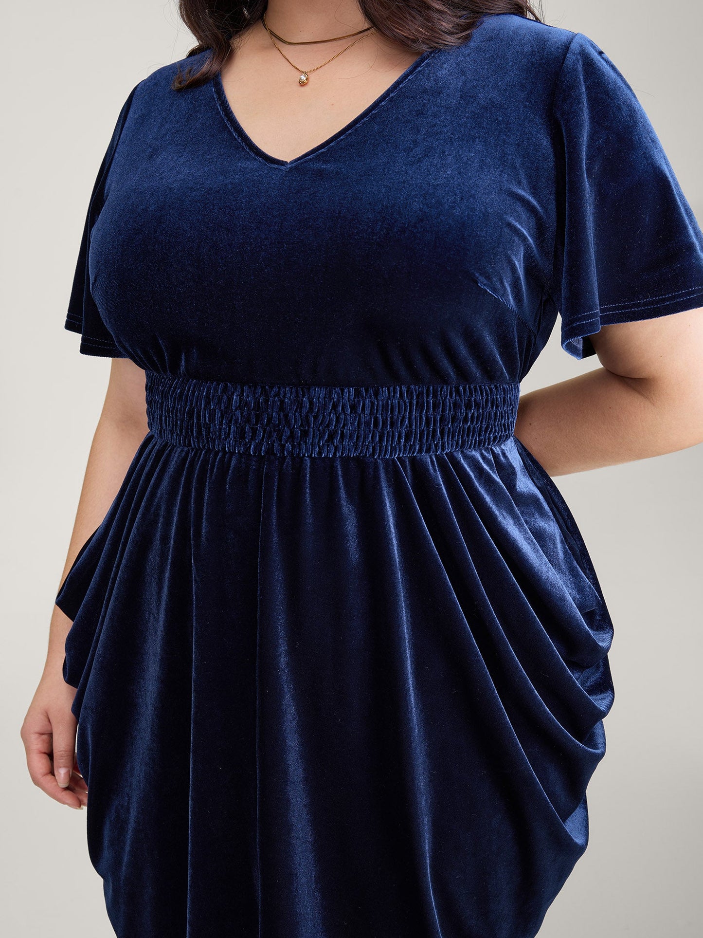 Velvet Shirred Waist Asymmetrical Hem Midi Dress