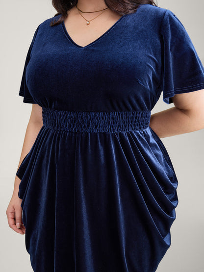 Velvet Shirred Waist Asymmetrical Hem Midi Dress