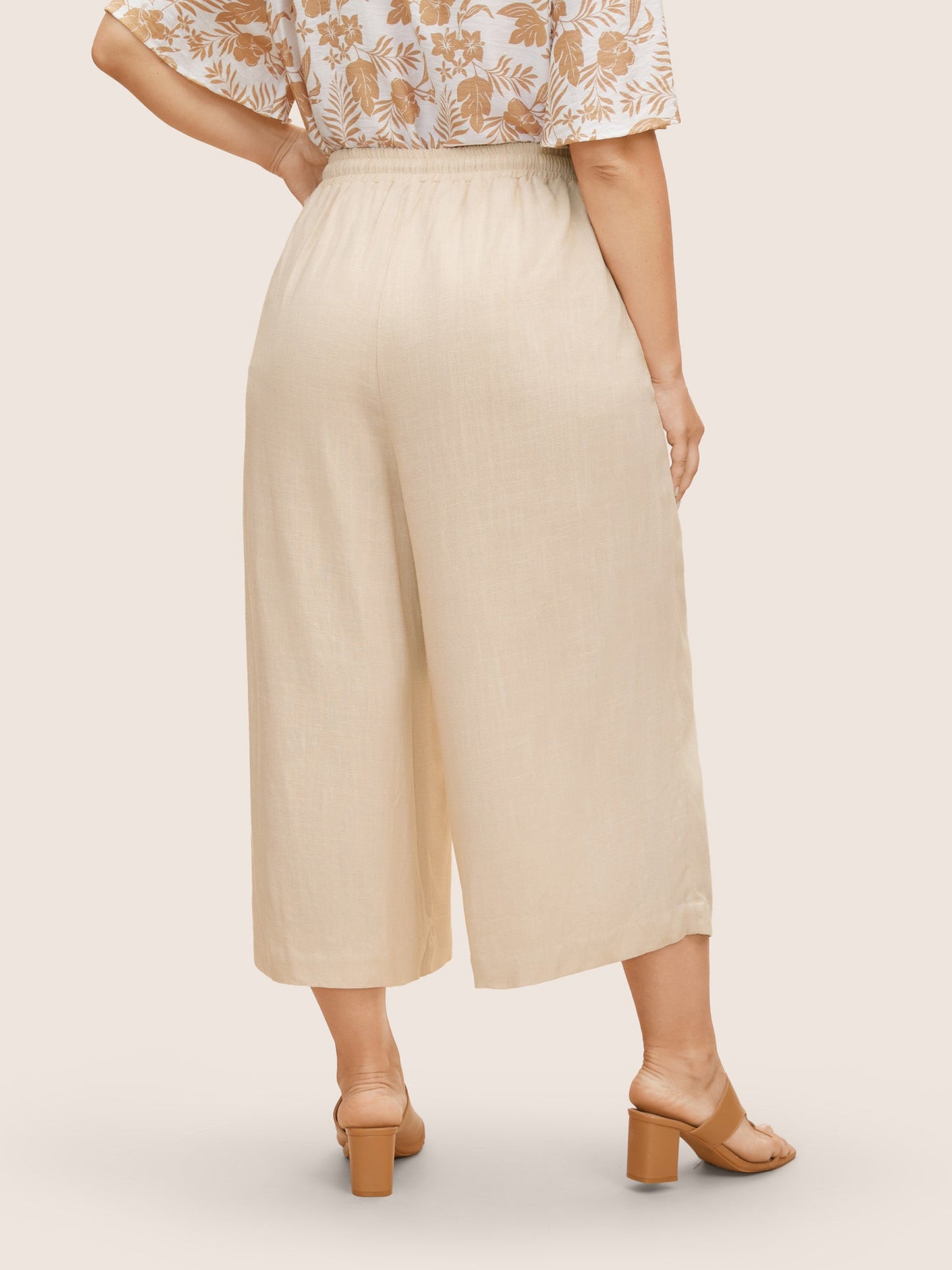Linen Blend Drawstring Mid Rise Wide Leg Pants