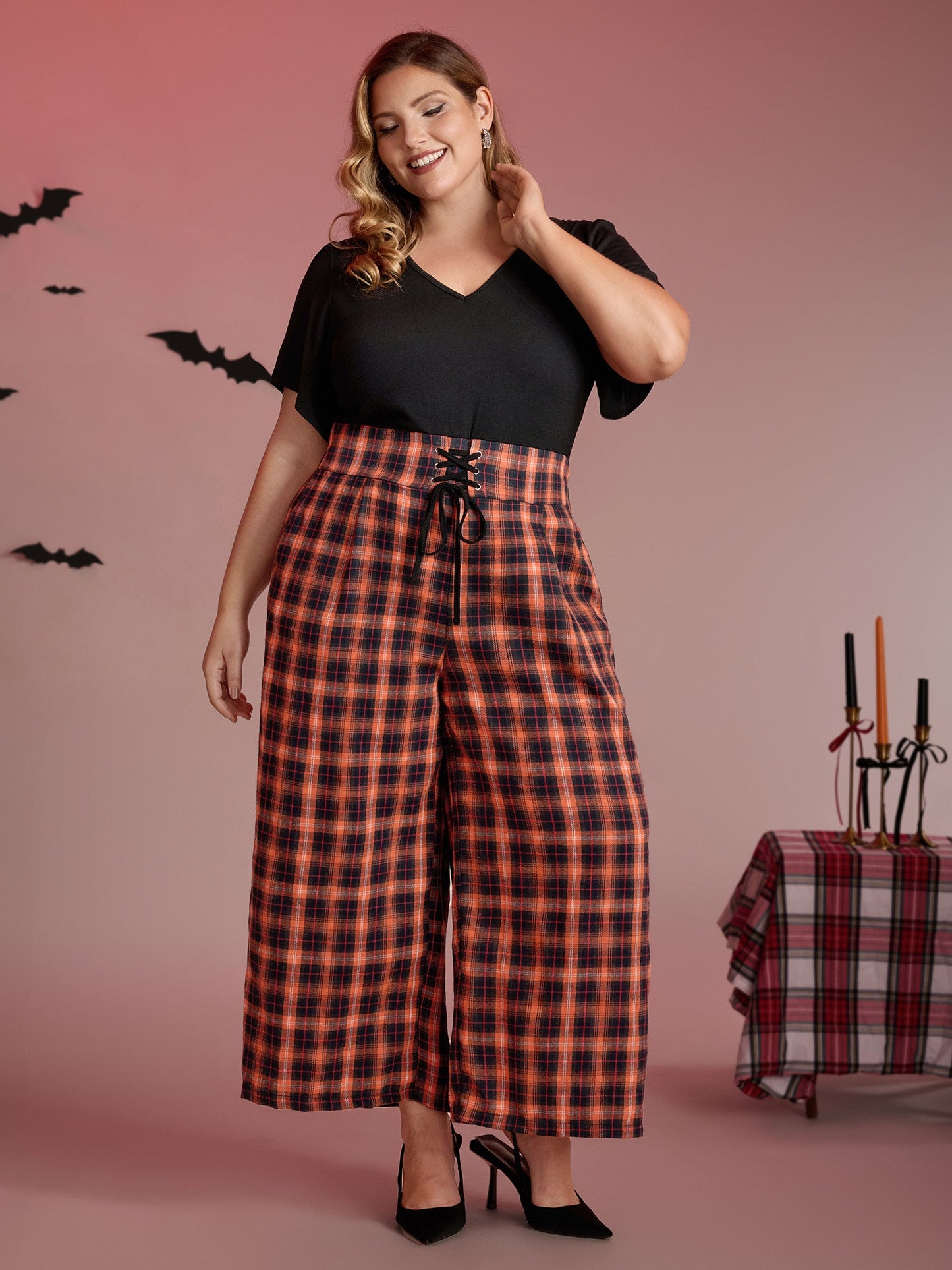 Checkered Print Pockets Cross-Tie Jumpsuit