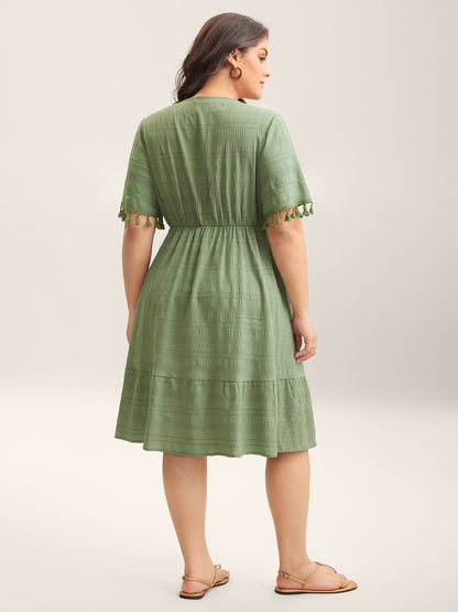 Lace Neck-Tie Pockets Tiered Midi Dress