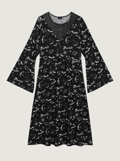 Celestial Halloween Print Sheer Pockets Maxi Dress