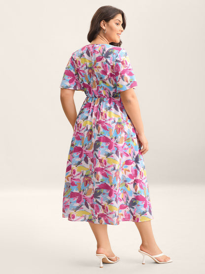 Large Flower Print Cinched-Waist Midi Dress