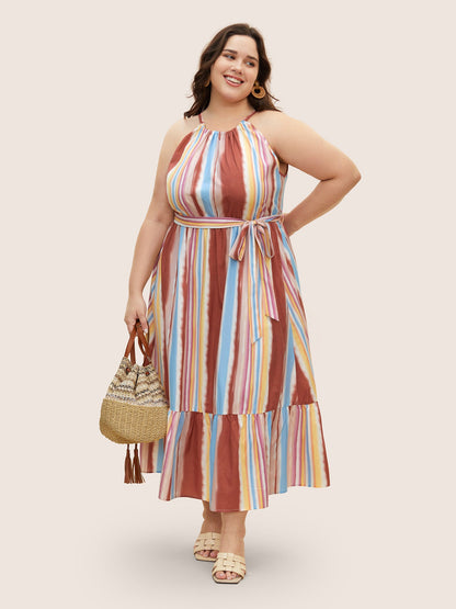 Colored Striped Ruffle Layered Hem Dress