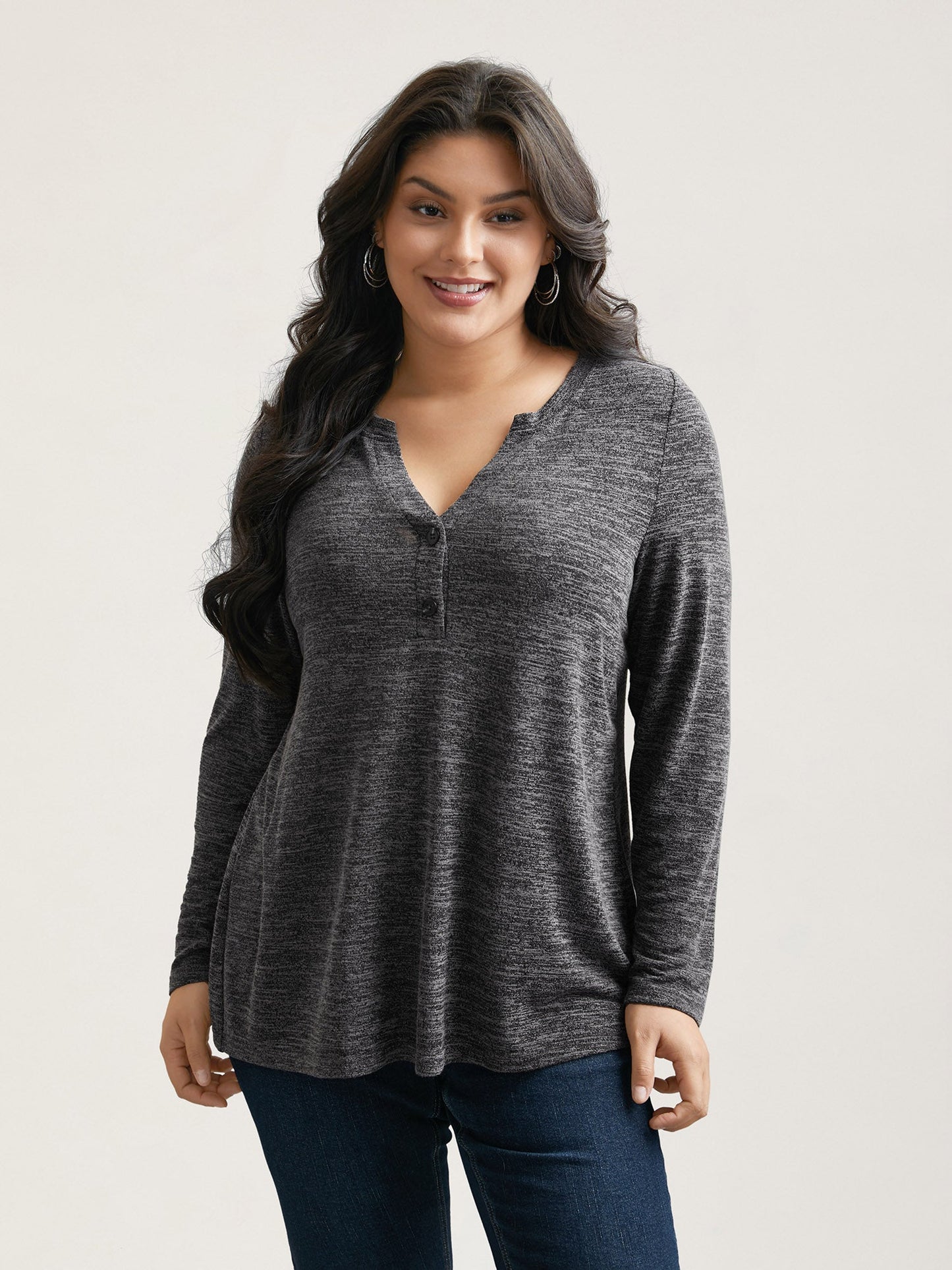 Heather Textured Button-Front Fitted T-Shirt