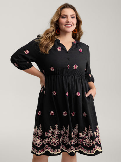 Floral Embroidery Notched Collar Knee-Length Dress