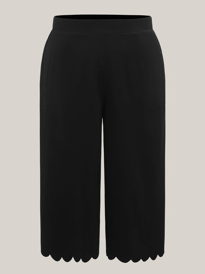 Scalloped Hem Wide-Leg Solid Pants