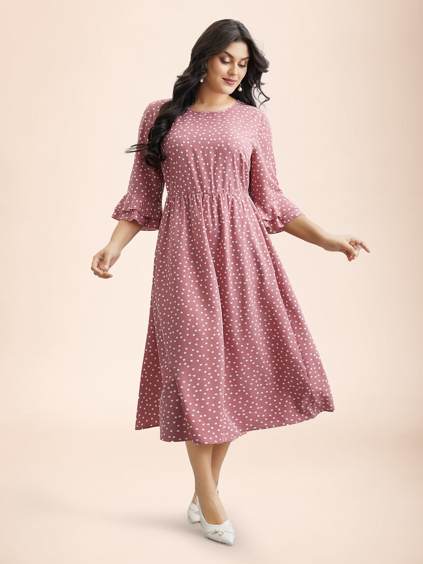 Polka Dot Print Tiered Ruffles Sleeve Midi Dress