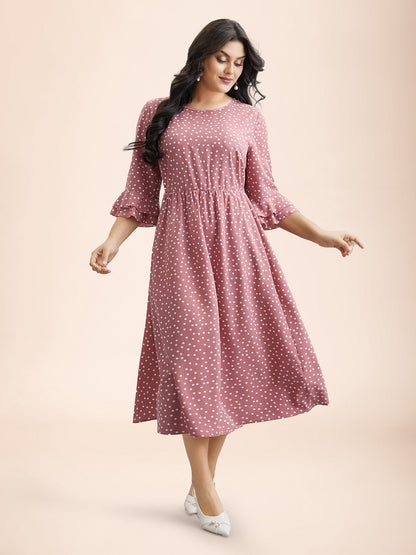 Polka Dot Print Tiered Ruffles Sleeve Midi Dress
