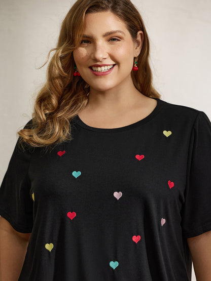 Embroidered Hearts Stretchy Round Neck T-Shirt