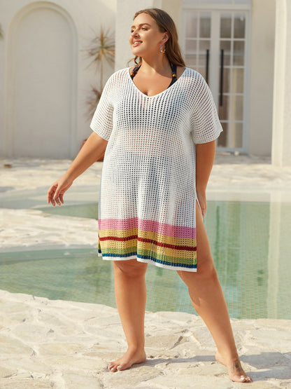 Striped Hem Cut-Out Slit Swim Cover-Up