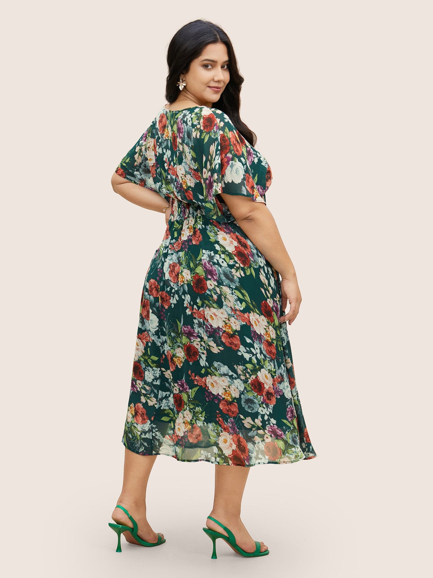 V Neck Chiffon Floral Dolman Sleeve Dress