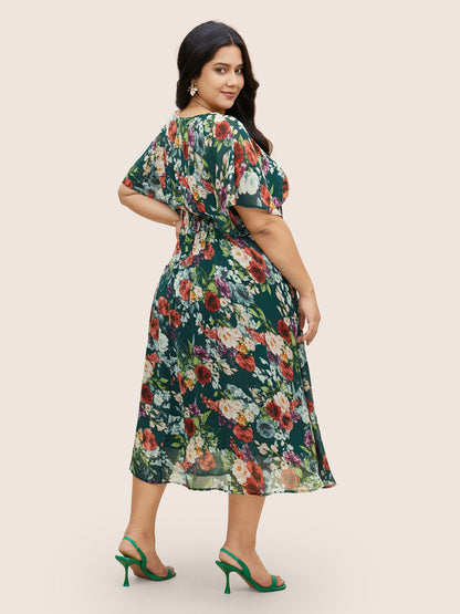 V Neck Chiffon Floral Dolman Sleeve Dress