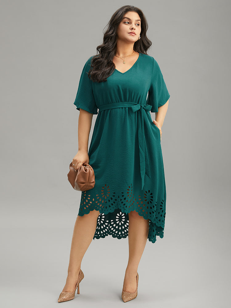Plain Belted Laser Cut High Low Hem Dress