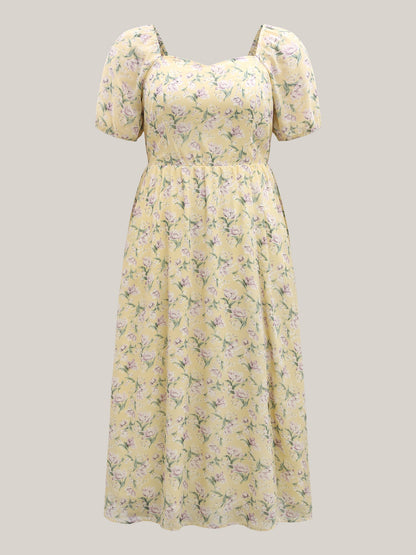 Vine Flower Sweetheart Neck Slit Maxi Dress