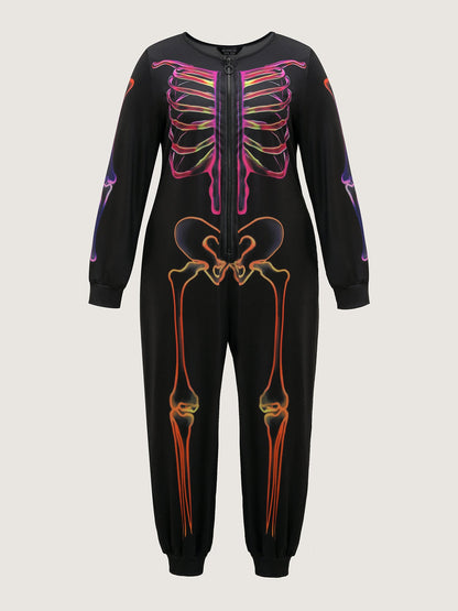 Colorful Skeleton Print Zipper Lounge Jumpsuit