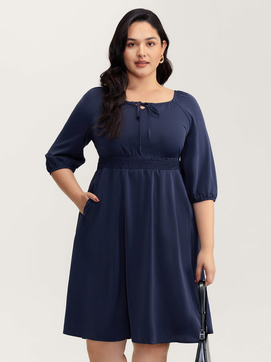 Neck-Tie Lantern Sleeve Shirred Midi Dress