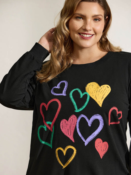 Colorful Foam Printed Hearts Stretchy Hem Sweatshirt