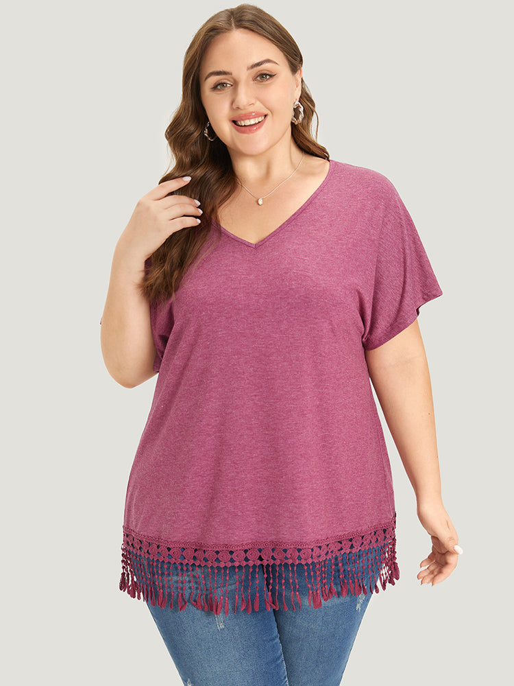 Plain Fringe Trim Batwing Sleeve T-shirt