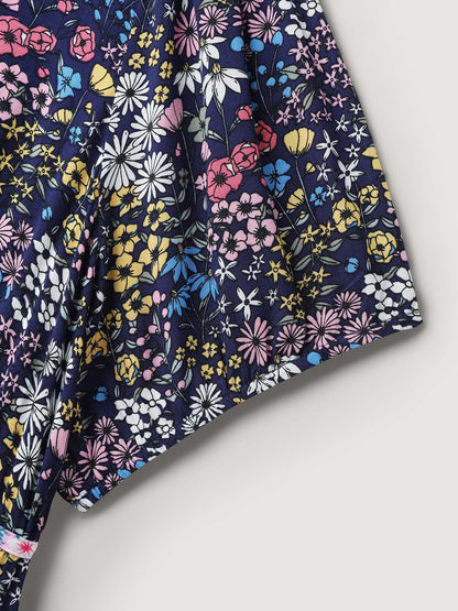 Rayon Floral Print Contrast Pockets Midi Dress