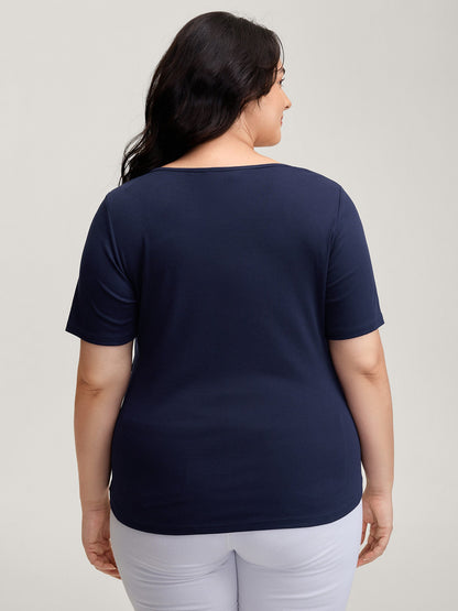 Ribbed High Stretch Split Neck T-Shirt
