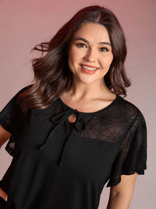 Sheer Neckline Tie Ruffled Sleeve T-Shirt