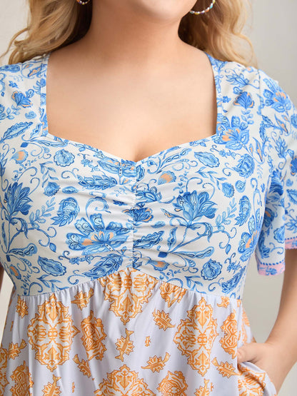 Contrast Print Ruched Tiered Midi Dress
