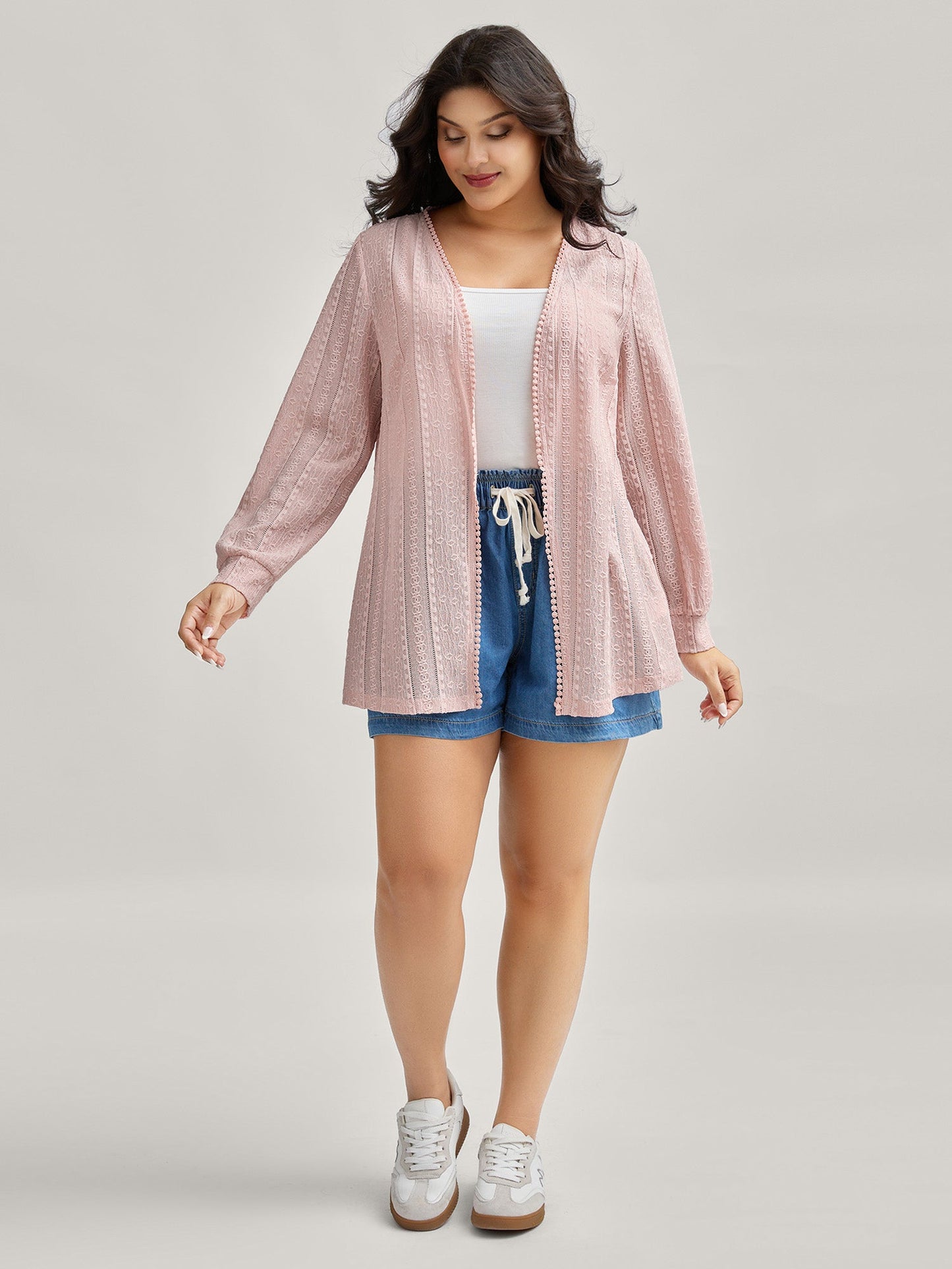 Textured Lace Trim Sheer Kimono Cardigan