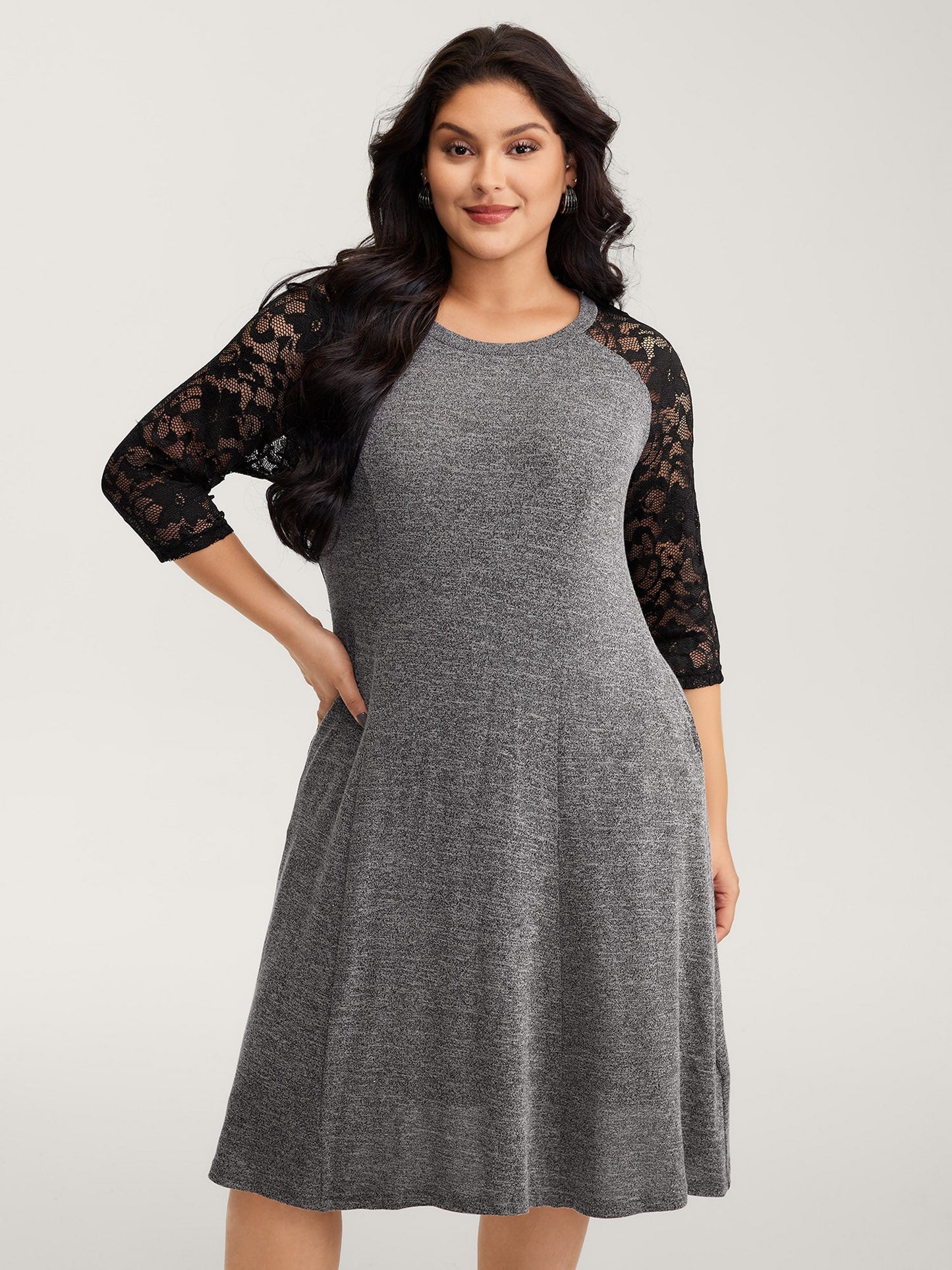 Supersoft Lace Sleeve Cinched-Waist Midi Dress