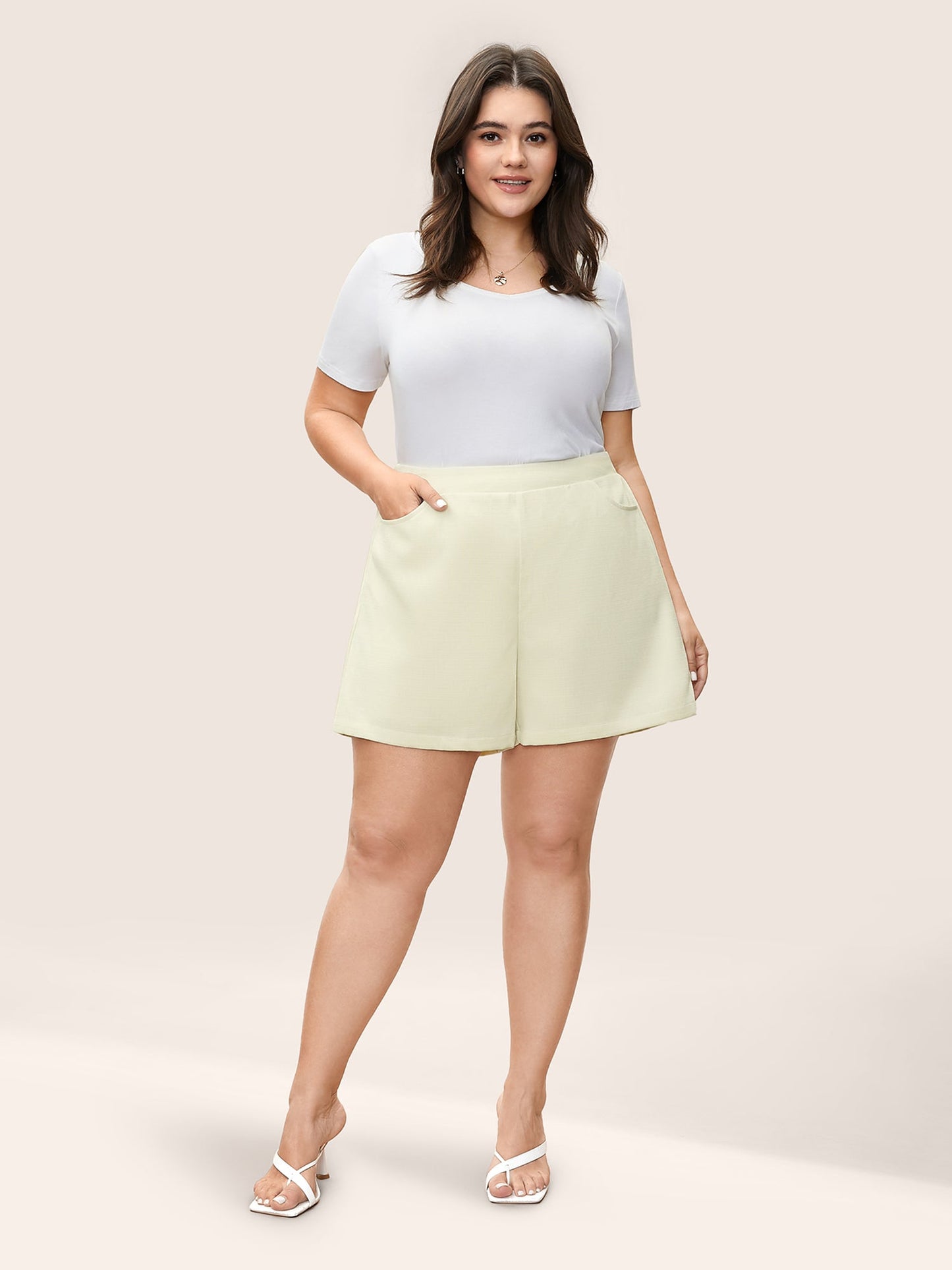 Plain Textured Elastic Waist High Rise Shorts