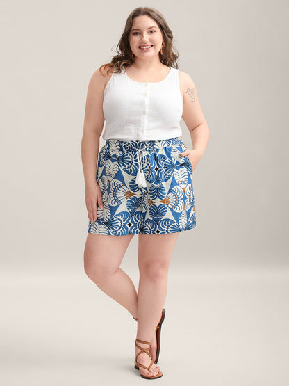 Boho Print Shirred Waist Straight-Fit Shorts
