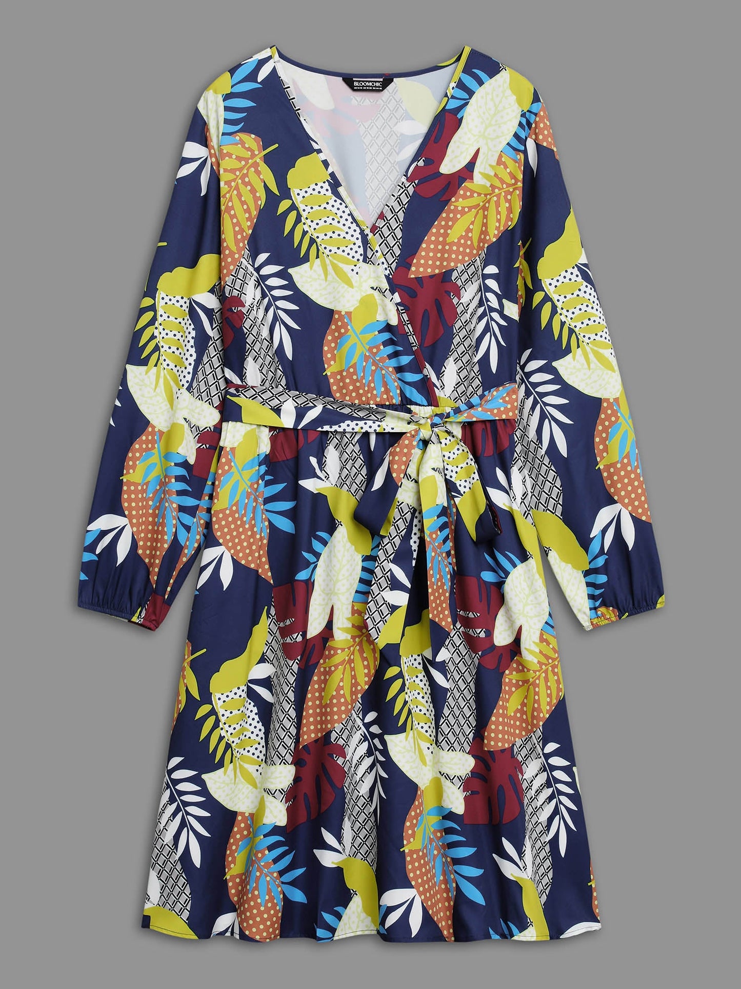 Surplice Neck Tropical Leaf Pockets Midi Dress