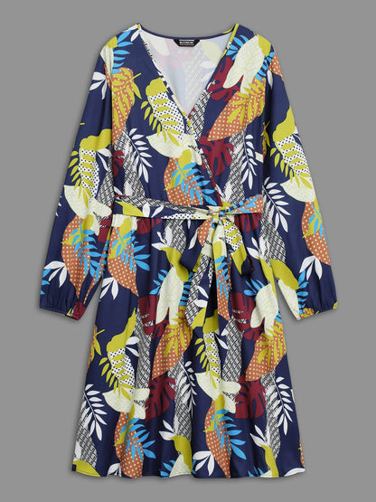 Surplice Neck Tropical Leaf Pockets Midi Dress