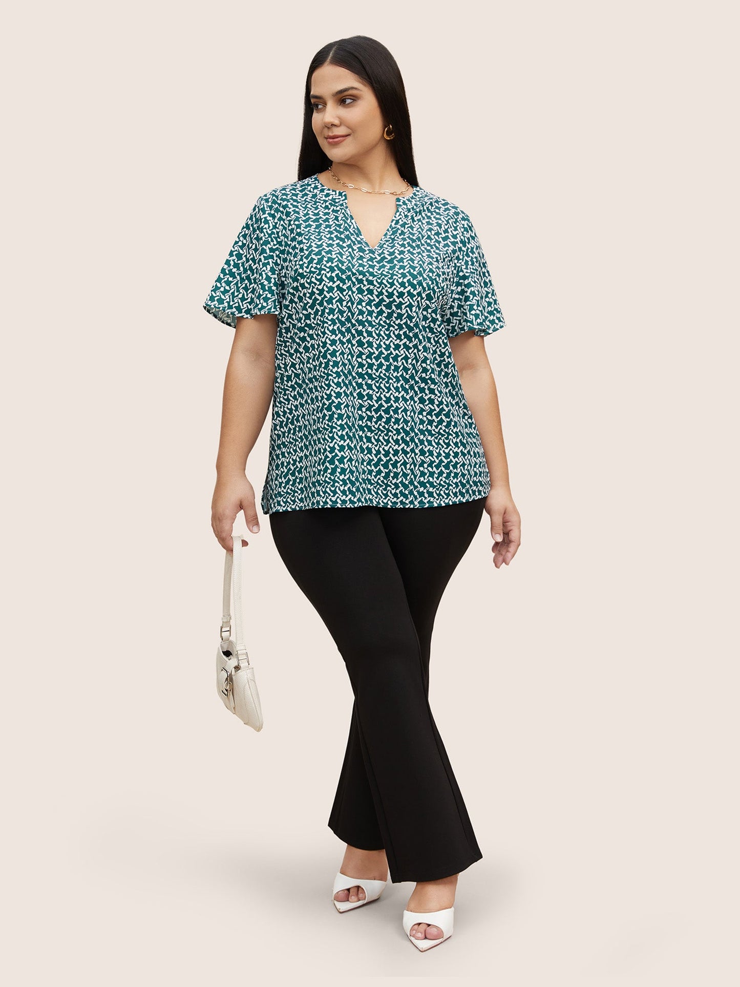 Notched Collar Geometric Flutter Sleeve Blouse