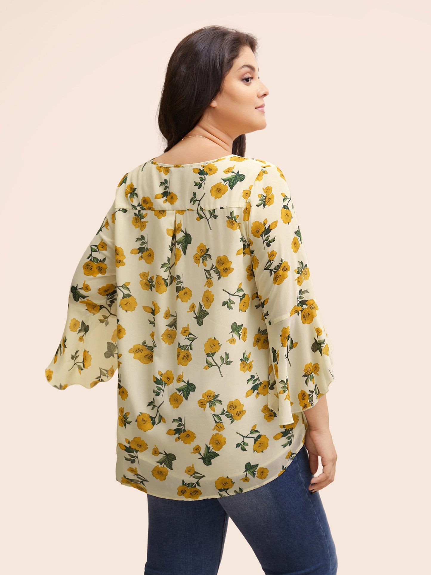 Floral Ruffle Sleeve Split Hem Blouse