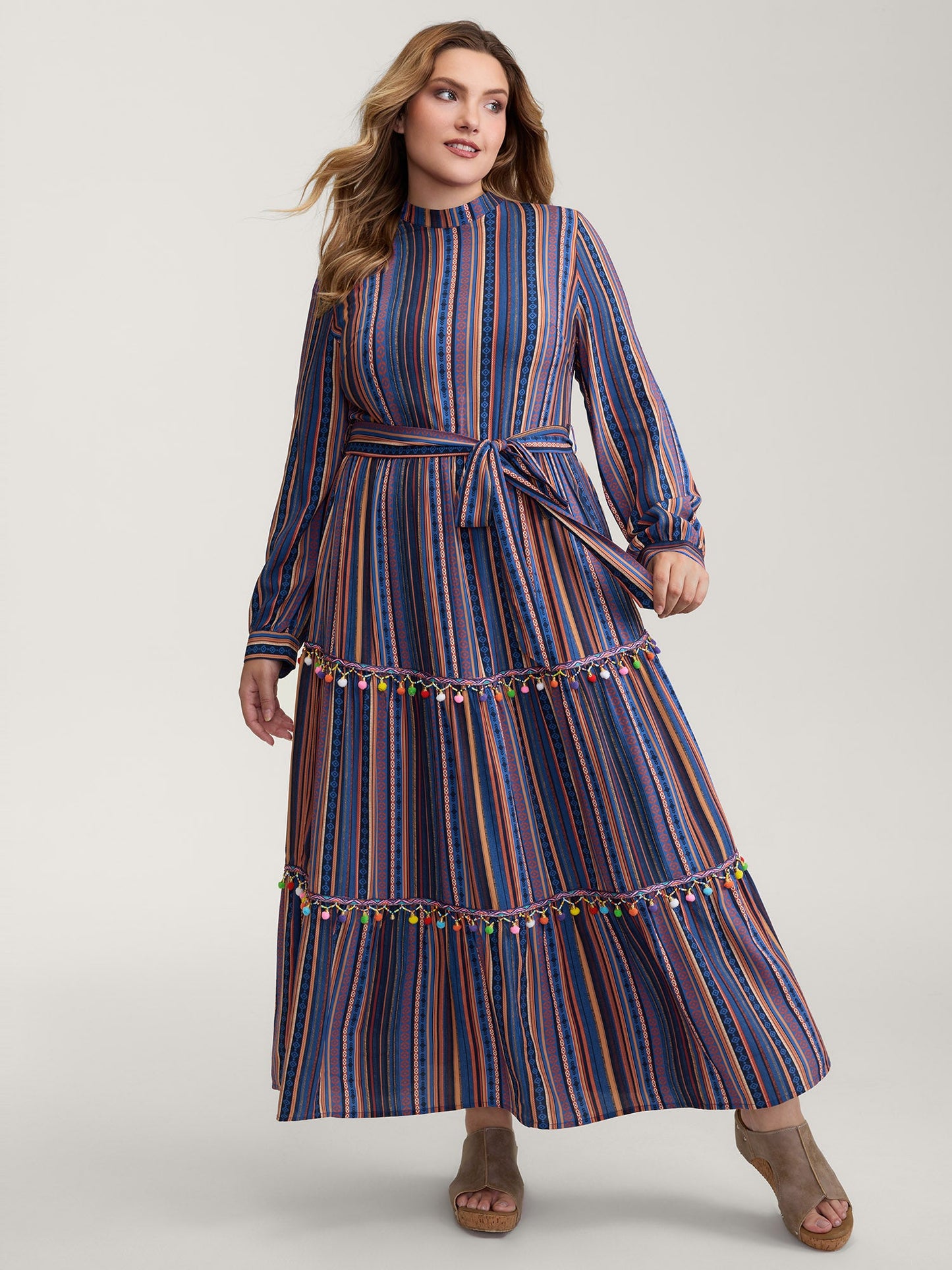 Stripe Tassels Stretchy Waist Pockets Maxi Dress