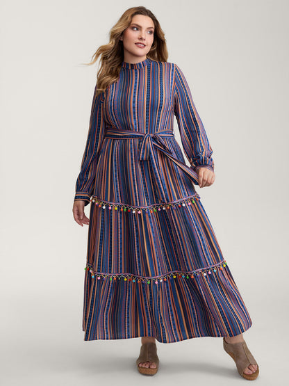 Stripe Tassels Stretchy Waist Pockets Maxi Dress