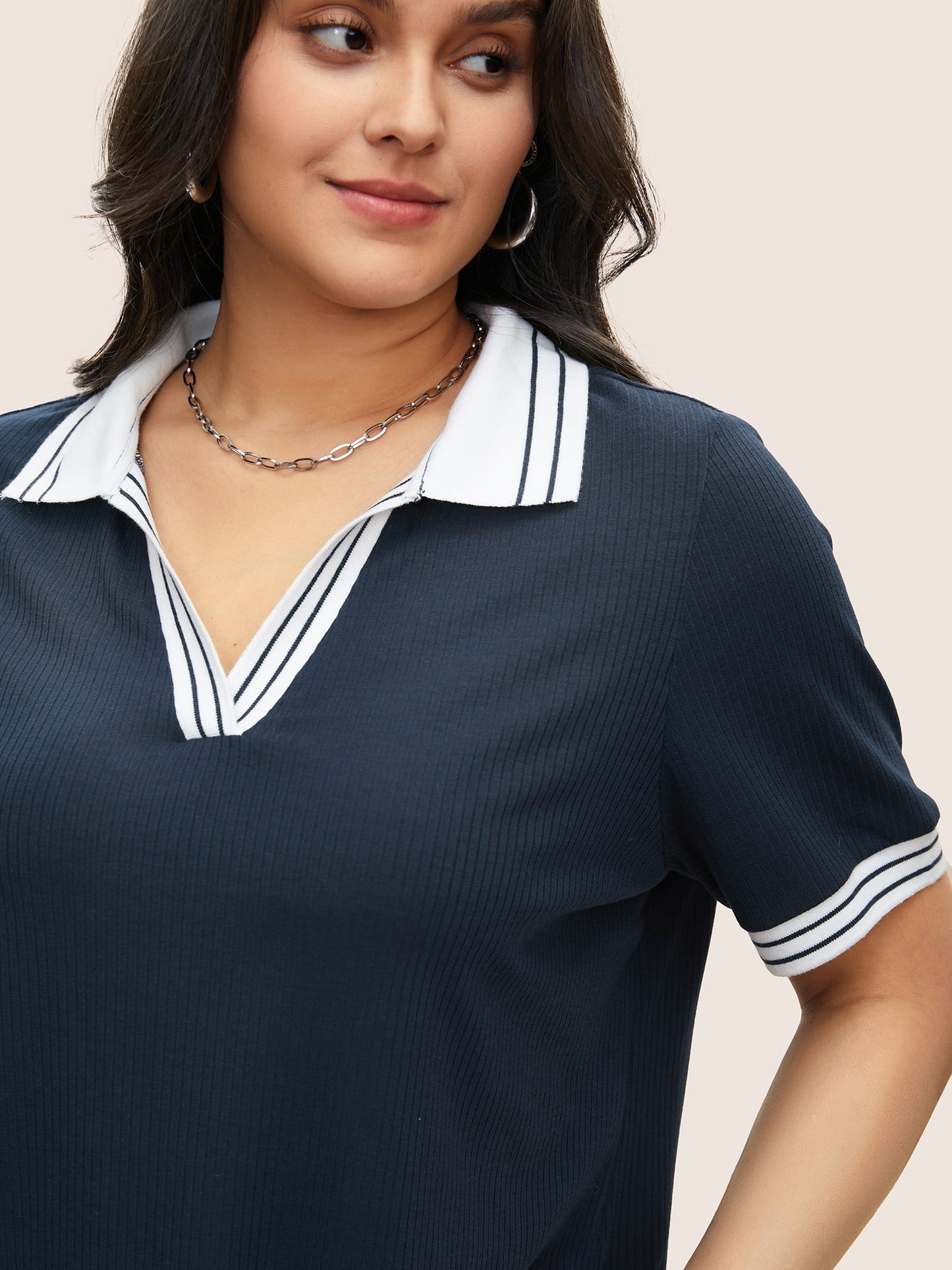 Striped Patchwork Polo Neck Rib Knit T-shirt