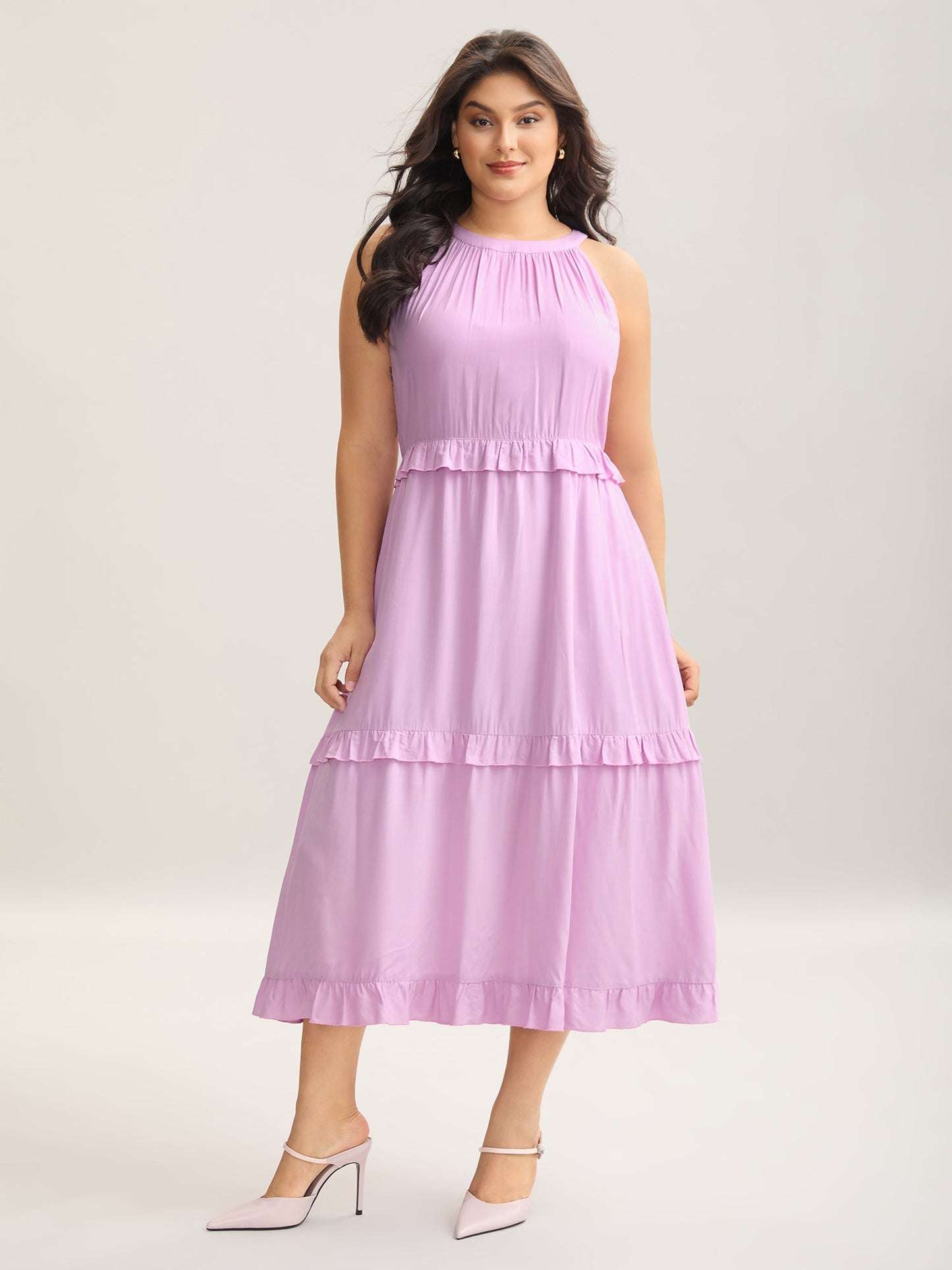 Halter Neck Tiered Ruffles Pocket Midi Dress