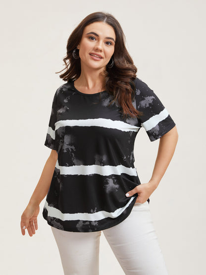 Tie-Dye Gradient Stripes Round Neck T-Shirt