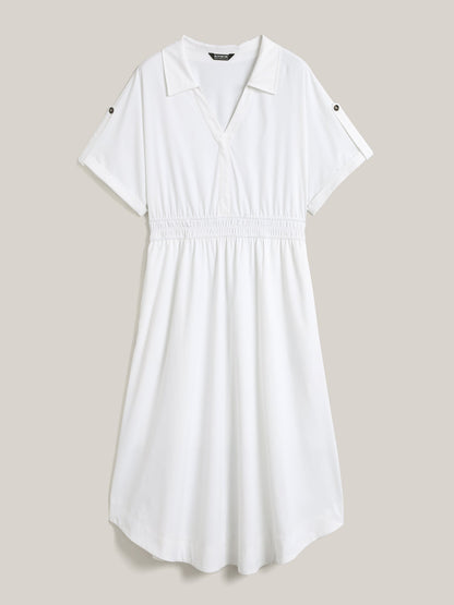 Woven Shirred Waist Solid Collar Midi Dress