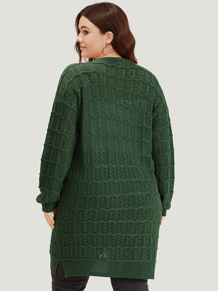 Plain Geometric Eyelet Cable Knit Tunic Cardigan