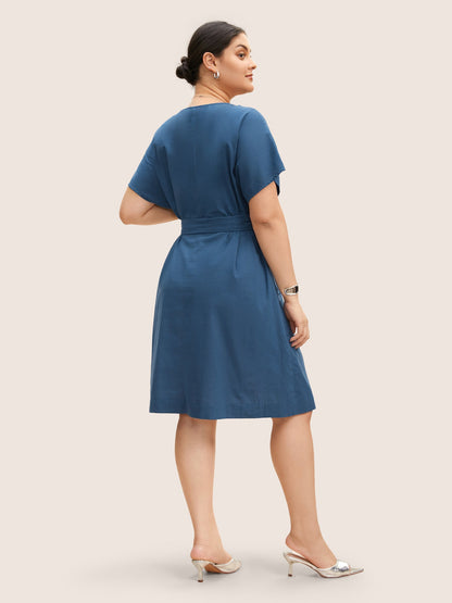 Round Neck Half Zip Flap Detail Belted Dress