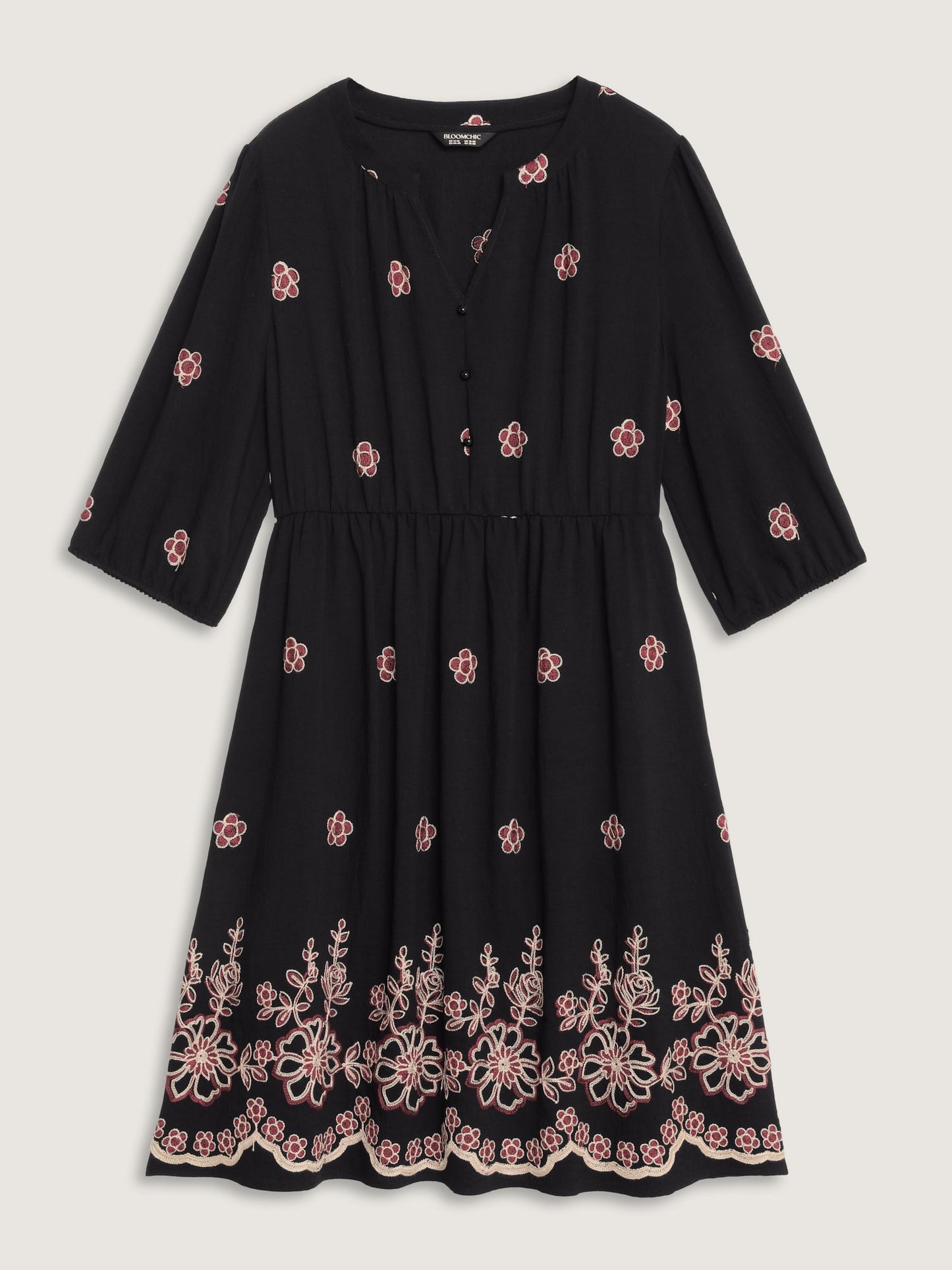 Floral Embroidery Notched Collar Knee-Length Dress