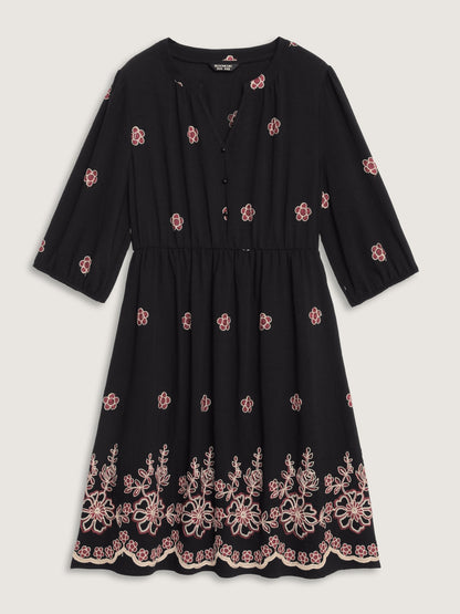 Floral Embroidery Notched Collar Knee-Length Dress