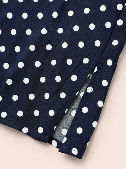 Polka Dot Split Hem Pleated Blouse